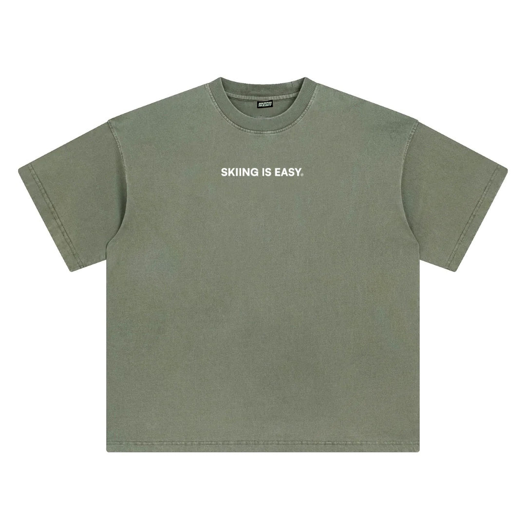 EMBROIDERED "SKIING IS EASY" | VINTAGE HEAVY TEE (GREEN)