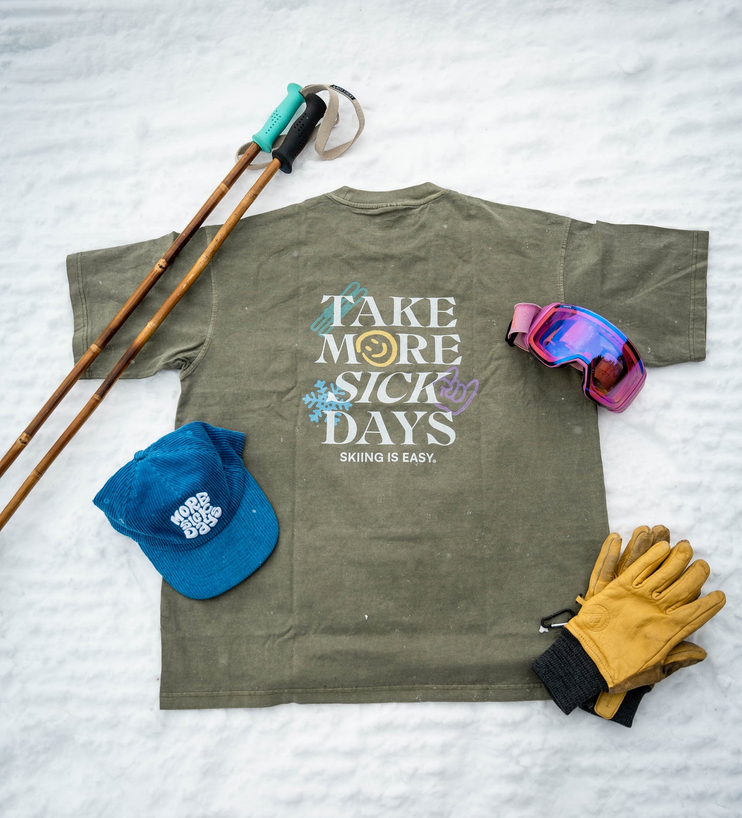 EMBROIDERED "SKIING IS EASY" | VINTAGE HEAVY TEE (GREEN)